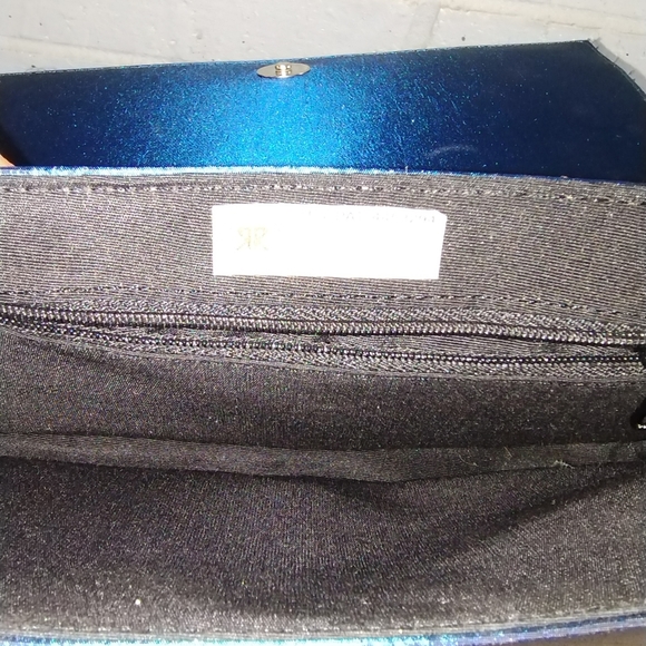 Vintage 90s Multi Textile Iridescent Blue Baguette Bag 9x5.5in - Picture 3 of 3